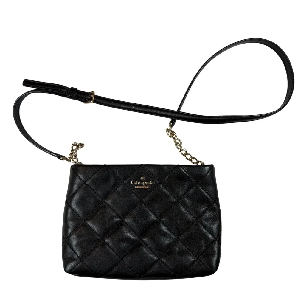 Kate Spade New York Emerson Place Black Quilted Leather Bag Gold Chain Strap
